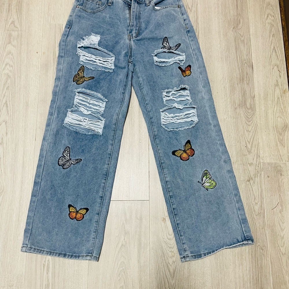 Y2K Vintage Jeans Wide Leg Embroidered Butterfly Blue Vintage Style Jeans Sz Sm